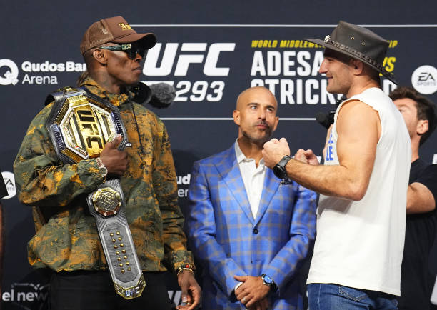 Israel Adesanya and Strickland at the UFC 293 pre-fight press conference