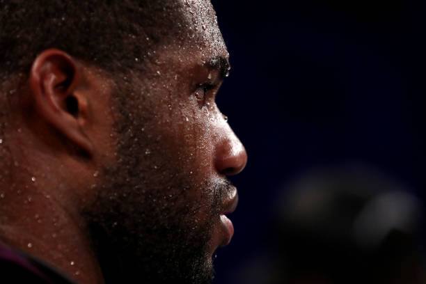 Daniel Dubois looks dejected as he reacts after defeat to Oleksandr Usyk during the Heavyweight fight between Oleksandr Usyk and Daniel Dubois at Stadion Wroclaw