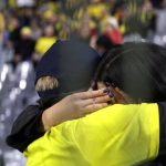 Fans of Sweden react at half time as the the UEFA EURO 2024 European qualifier match between Belgium and Sweden is abandoned at King Baudouin Stadium on October 16, 2023