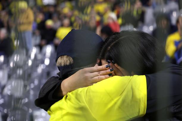 Fans of Sweden react at half time as the the UEFA EURO 2024 European qualifier match between Belgium and Sweden is abandoned at King Baudouin Stadium on October 16, 2023