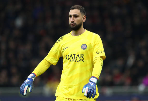 Gianluigi Donnarumma of Paris Saint-Germain looks on during the UEFA Champions League match between AC Milan and Paris Saint-Germain at Stadio Giuseppe Meazza